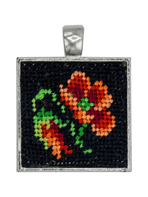 Handmade square pendant, lucky petunia Gobelin